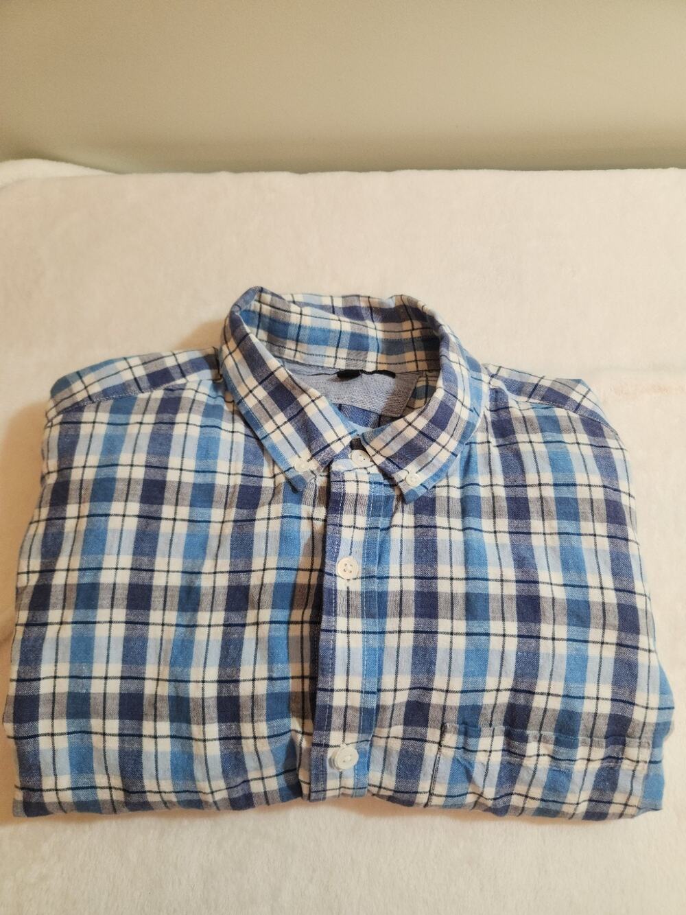 Banana Republic Linen Cotton Blend Shirt Mens XL Blue Plaid Short Sleeve Boho